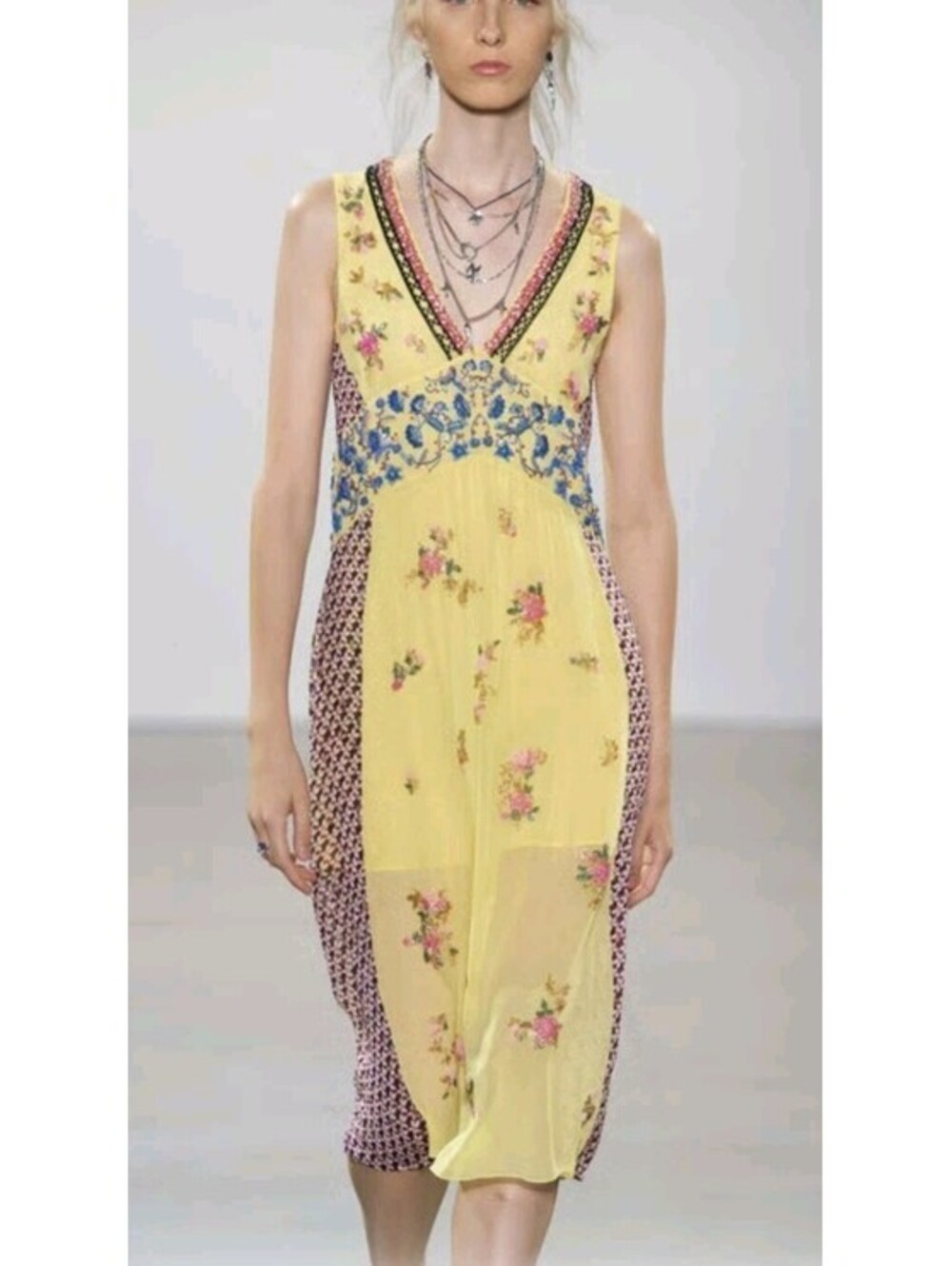 Nicole Miller Collection Art Deco Yellow Beaded Floral Print Silk Dress 6